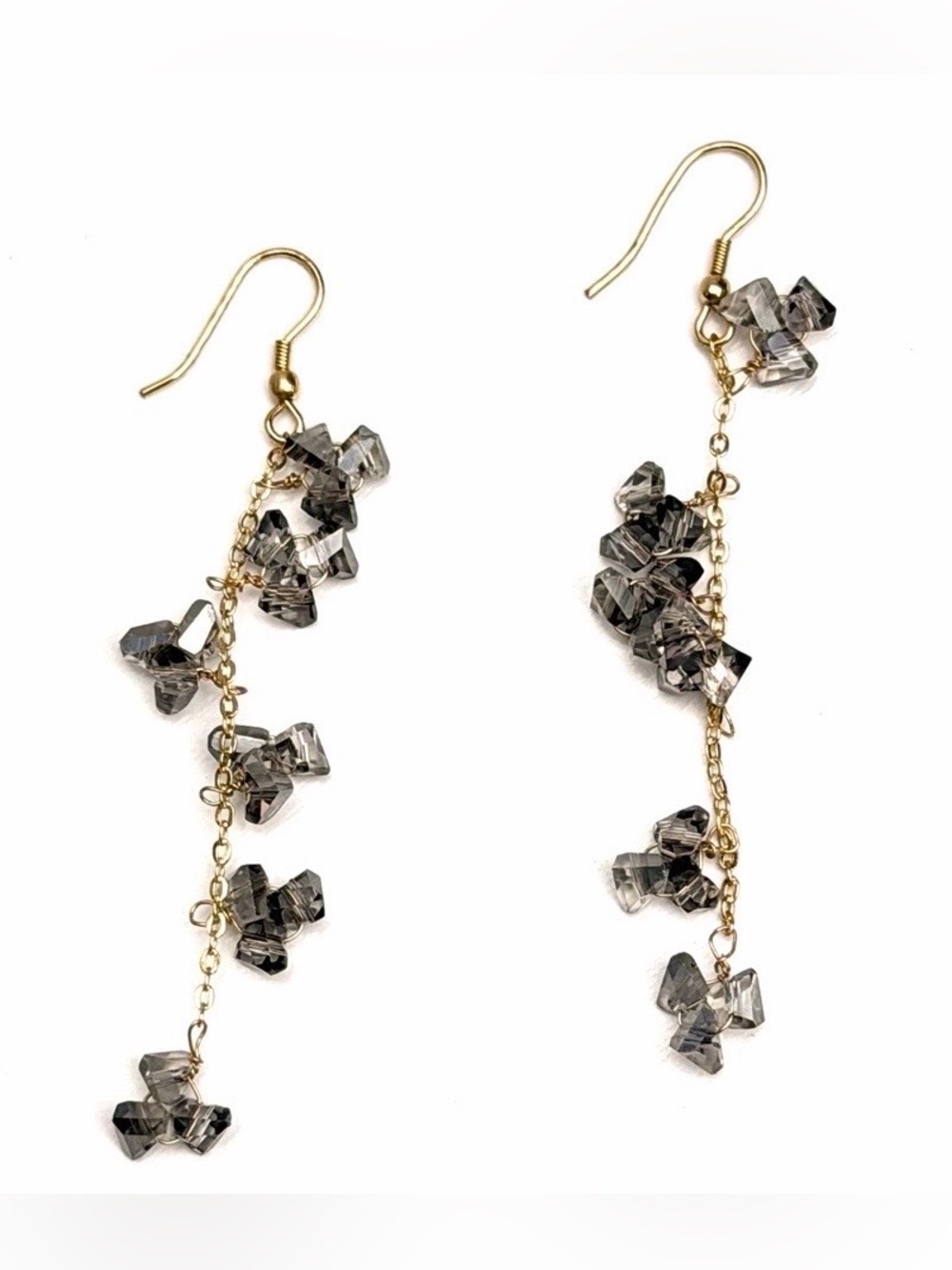 New Dainty Smoky Quartz Cluster Drop Earrings